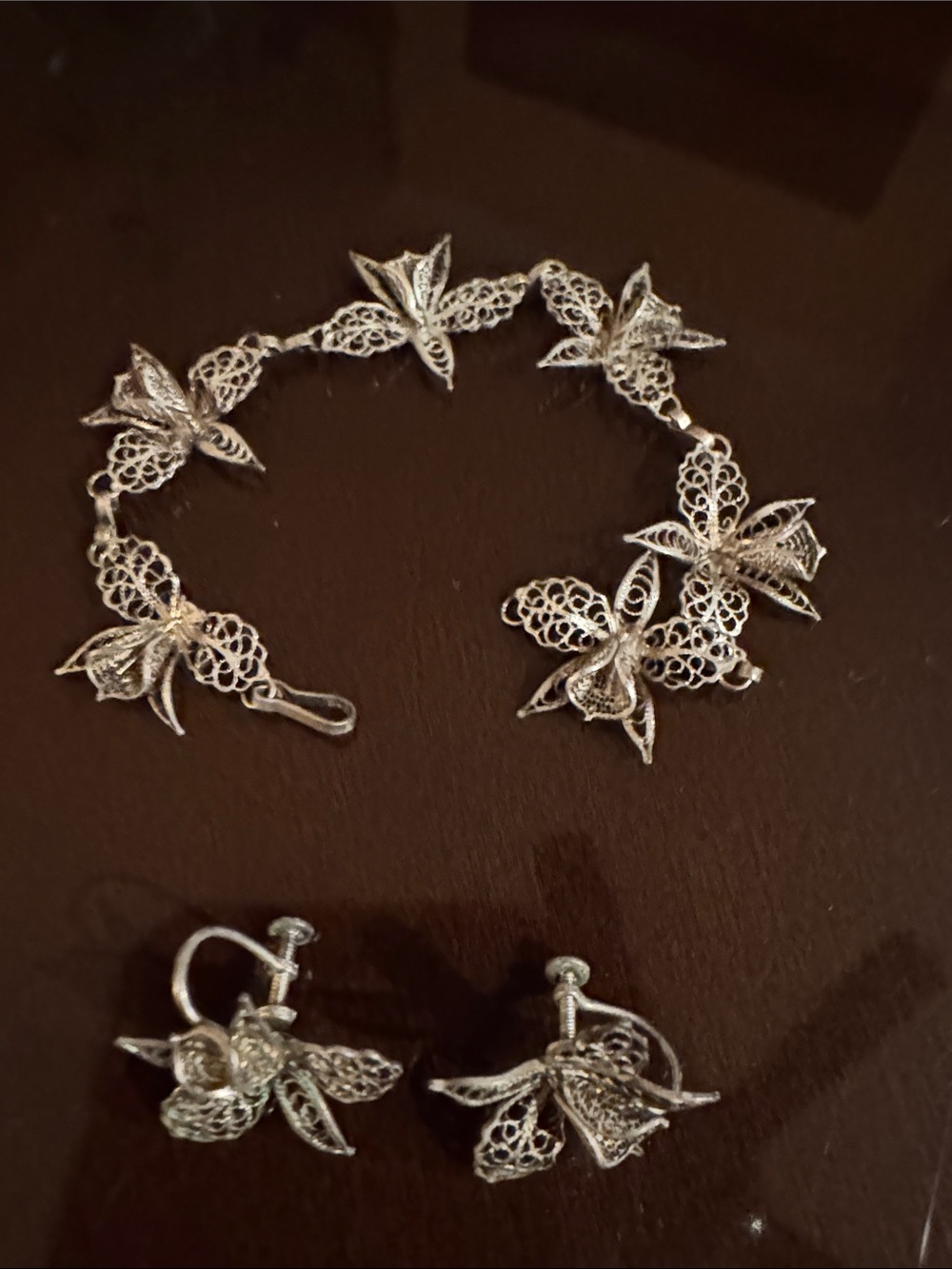 Delicate Vintage Silver Filigree Floral Bracelet & Clip-On Earrings Set